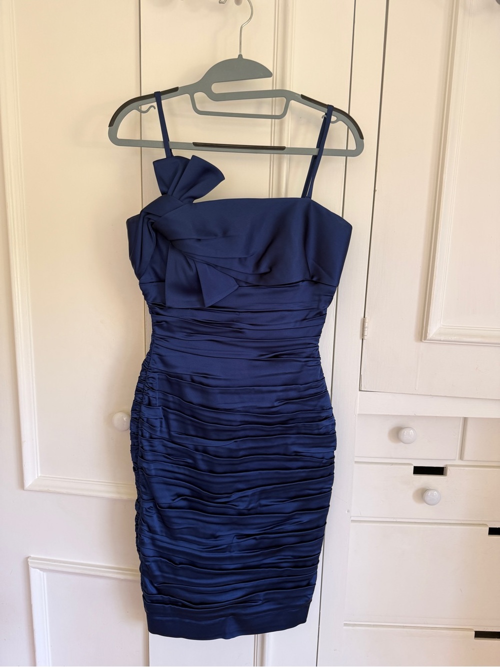Calvin Klein Navy Ruched Satin Mini Dress with Bow Accent